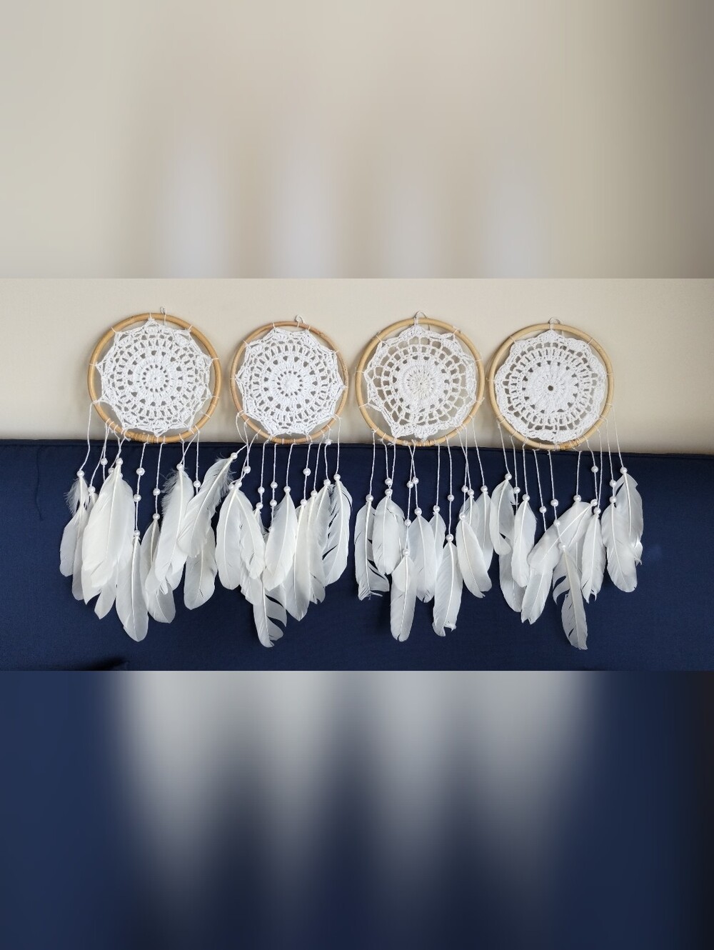 4 White Crochet Feather Dreamcatcher Wall Hanging